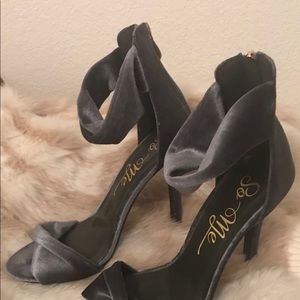 Blue Steel Velvet Ankle Strap Heels